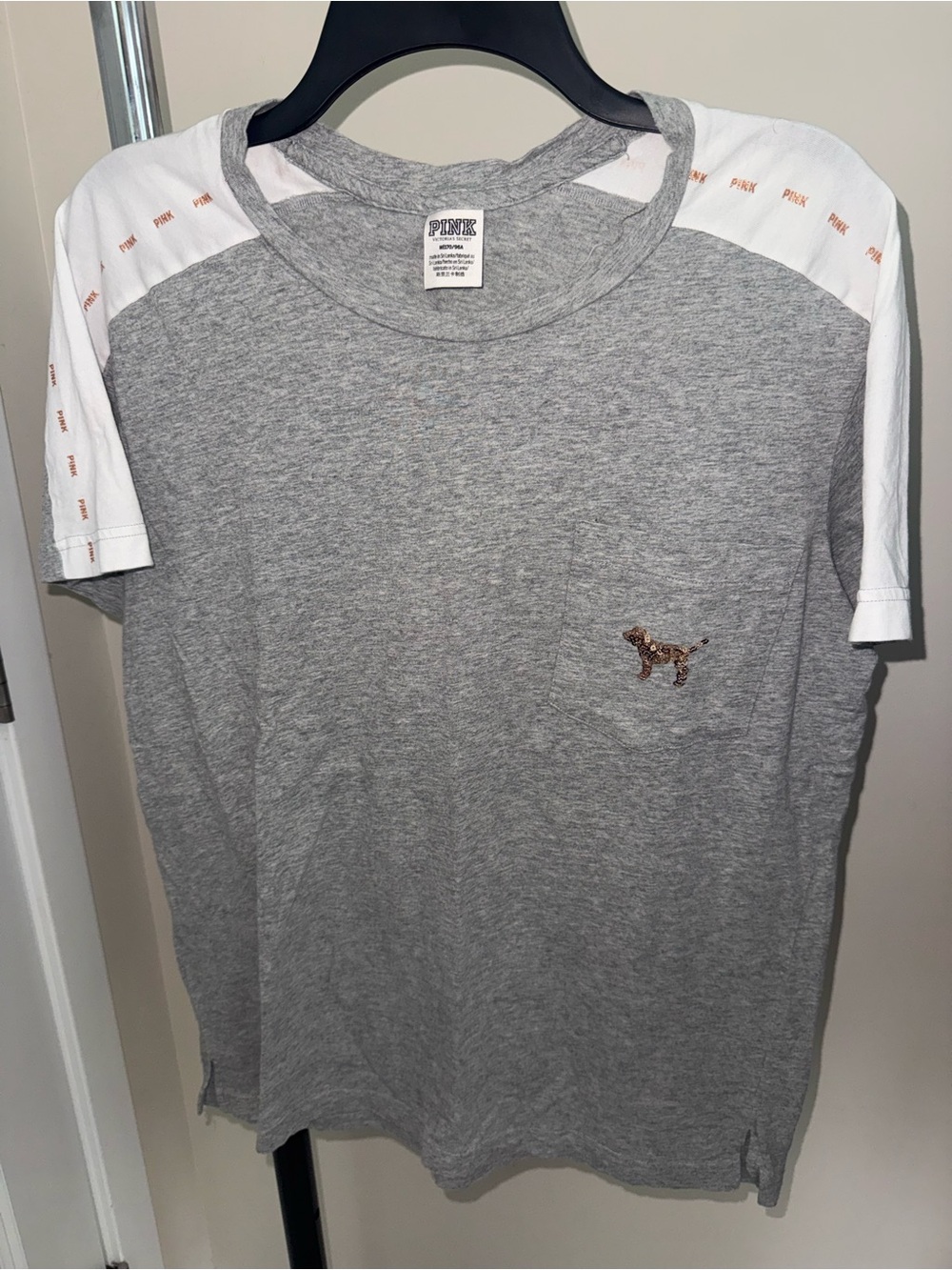 PINK Victoria's Secret Gray Tee with White Shoulder Panels